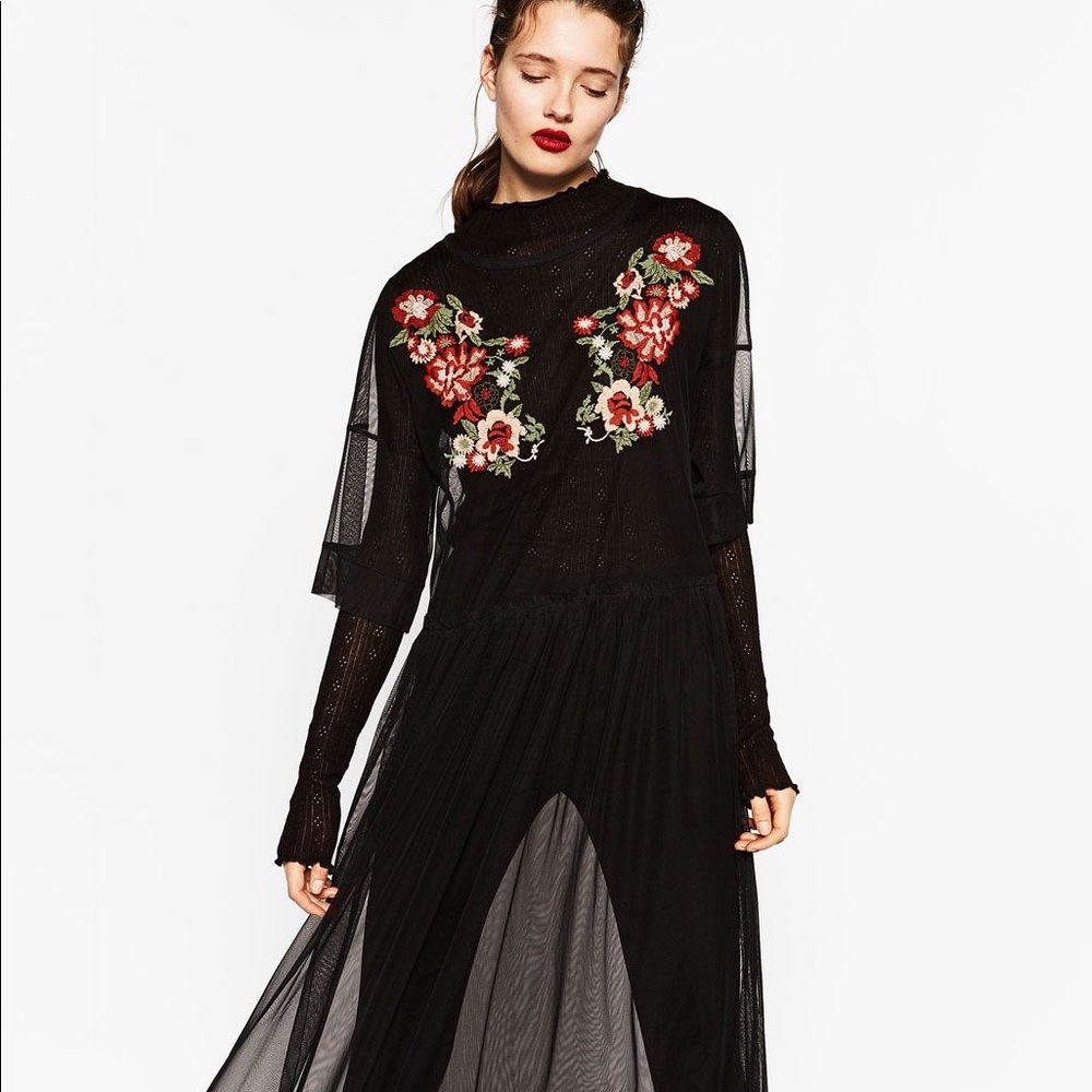 Zara black floral appliqué maxi mesh dress
